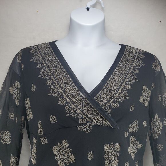 L Silk Bell Sleeve Surplice Wrap Blouse Babydoll Y2K 90s Style Sheer Top Shirt - Picture 7 of 10